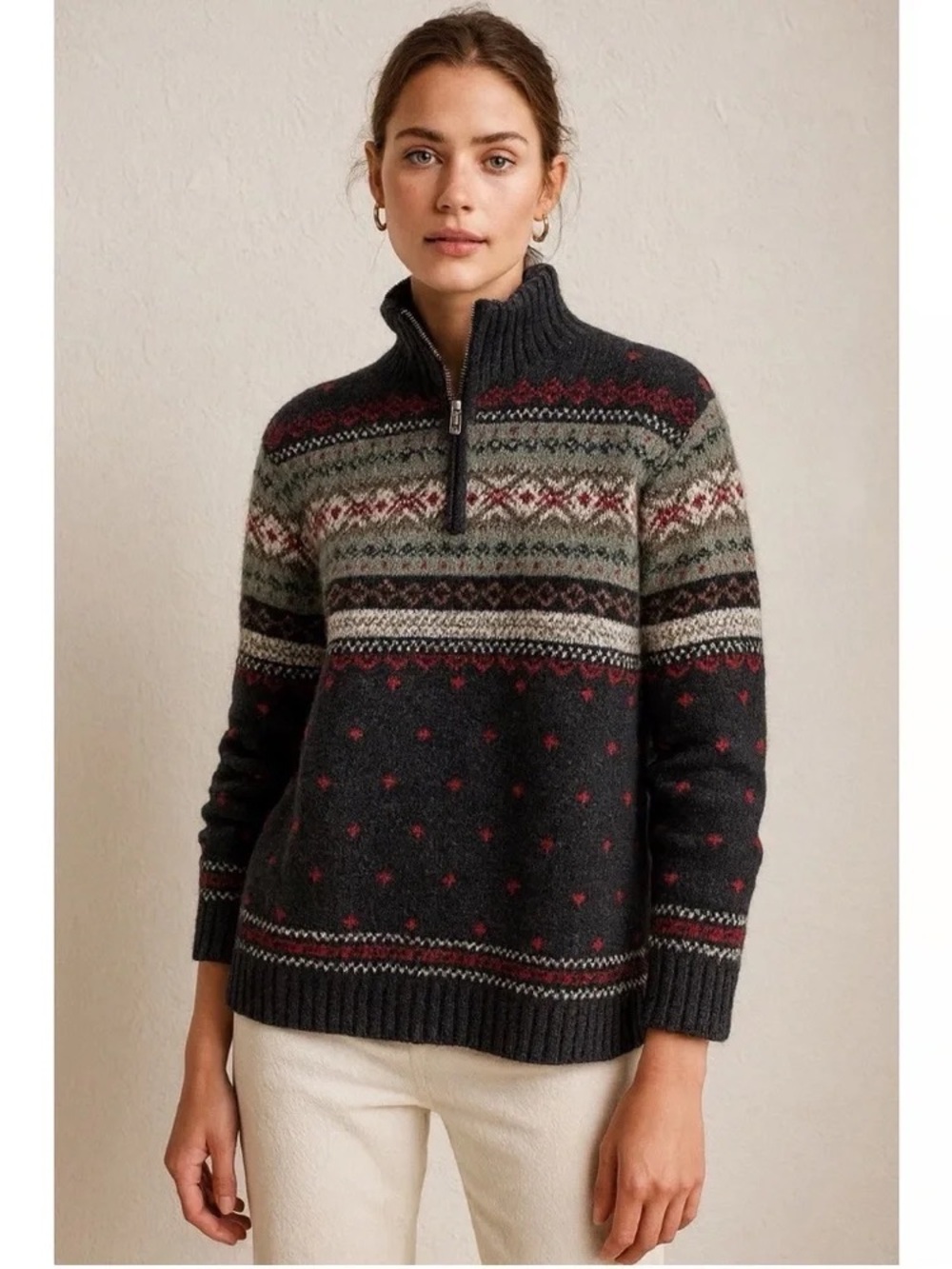 Ralph Lauren Lambswool Nordic Fair Isle Quarter Zip Hand Knit Sweater Size S